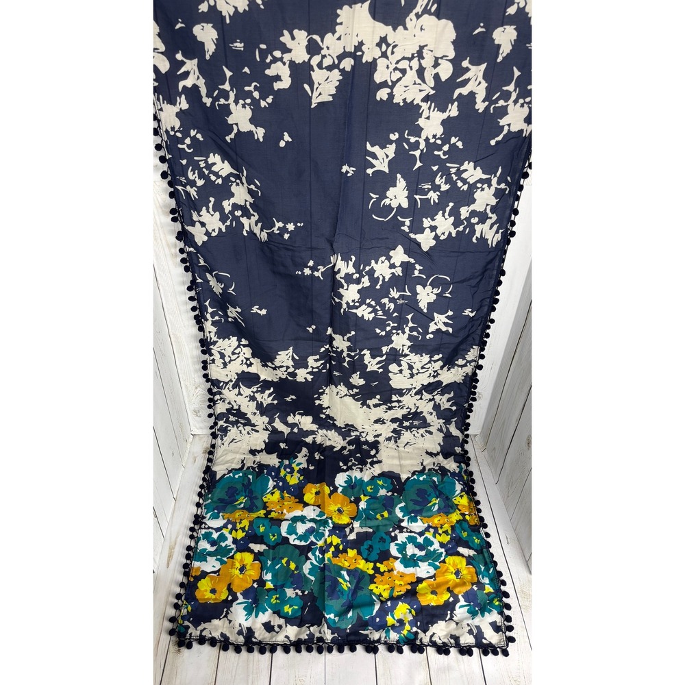 Laura Ashley Navy Blue Floral Cotton Silk Blend Pom Pom‎ Trim Scarf Wrap 2224